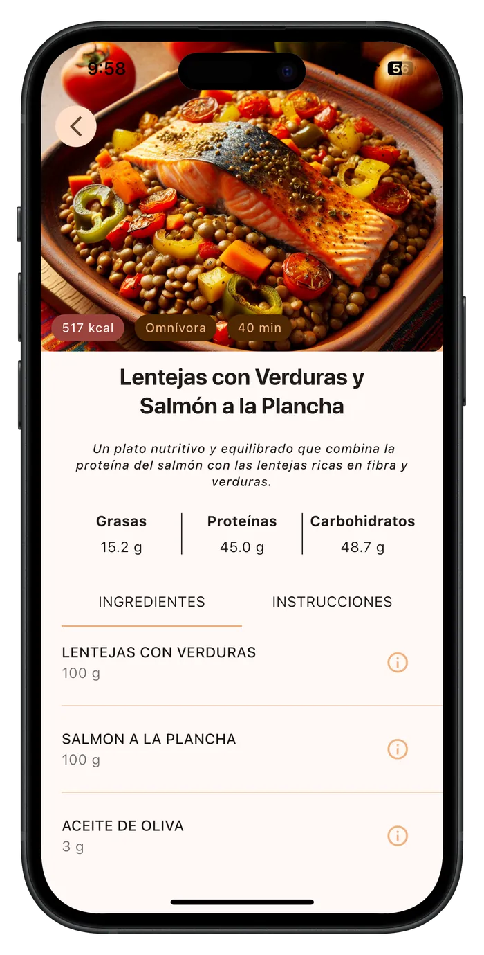 Receta de lentejas con verduras y salmón en la app Nutria, con calorías, macronutrientes e ingredientes